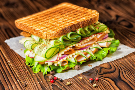 Sandwich with grilled toast, ham, cheese, radish, lettuce and cucumbers decorated dry pepper on dark wooden backgroundの写真素材