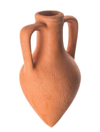 Old ceramic amphora is isolated on white background, close upの写真素材