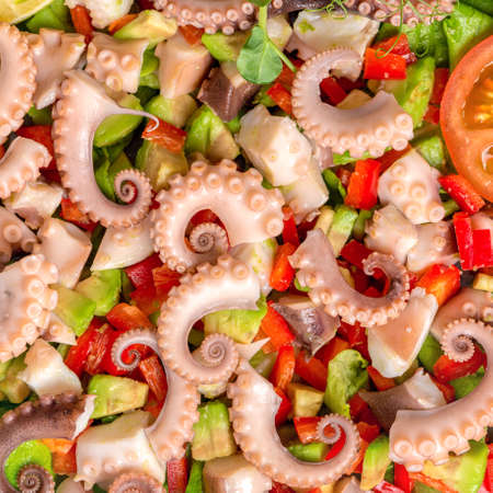 salad with tentacles of octopus, lime, avocado, red peppers and lettuce, decorated sliced tomato, restaurant seafoodの写真素材