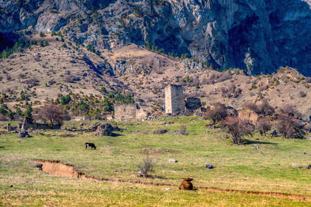 Beautiful countryside of ancient towers and ruins in Ingushetia valley and Caucasus mountains, Republic of Ingushetia, Russiaの写真素材