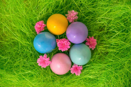 top view of multi colored painted Easter eggs and spring flowers over green grass, holiday backgroundの写真素材