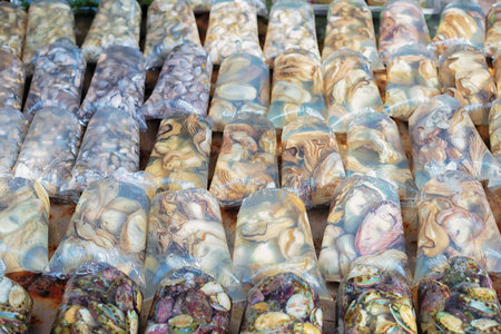 showcase with fresh sea snails in plastic bag, south east fish market