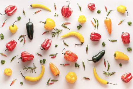 mexican chili peppers habanero, baby mix, mini and greens, flat lay