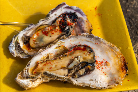 Grilled oysters on plate