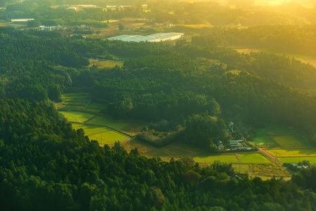 beautiful sunrise aerial scene of traditional rural landscape with green fields, houses and road in...