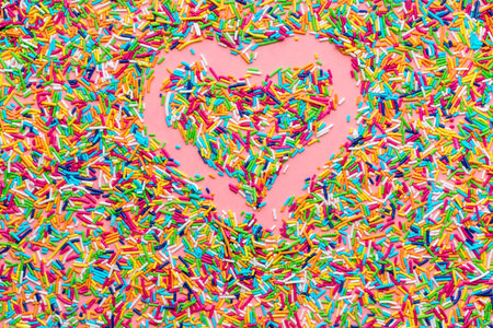 greeting wreath of heart shape from colorful sprinkles over pink background, festive invitation for...