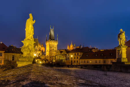 beautiful night view of Charles Bridge over Vltava river in Prague city, Czech Republicのeditorial素材