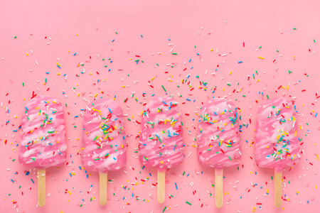 creative concept of ice lolly with sprinkles and icing over pink background and space for your...