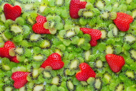 top view of funny creative concept sliced kiwi flower shape and strawberry heart shape like backgroundの写真素材