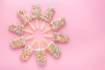 Flat lay of creative concept of popsicles in form of circle with sprinkles and icing over pink
