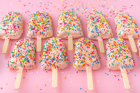Ice cream with sprinkles and icing over pink