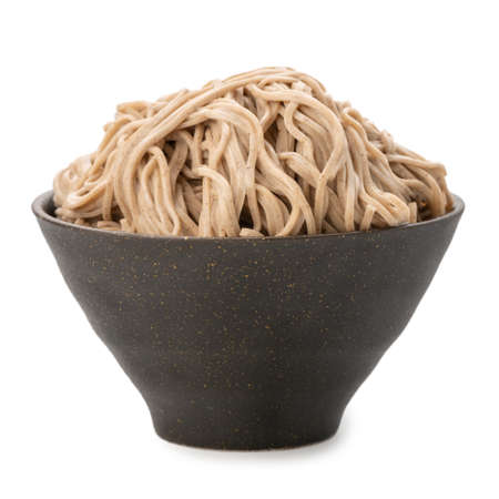 Ramen noodles in black bowl isolated on white backgroundの写真素材