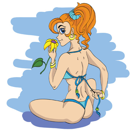 beautiful girl dressed in swimsuit holding a flowerのイラスト素材