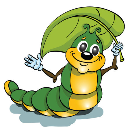Funny green caterpillar with a green leafのイラスト素材