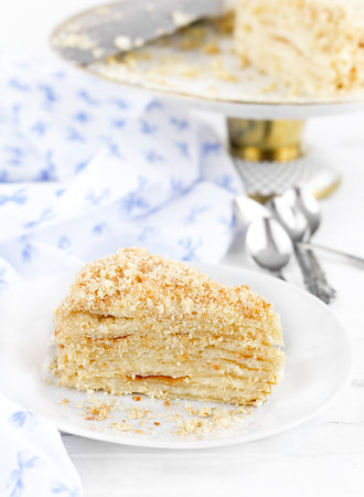 piece of cake napoleon on a plateの写真素材