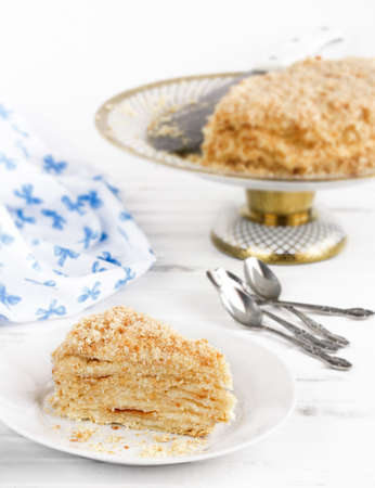 piece of cake napoleon on a plateの写真素材