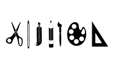 Set of school and office tools. Black stationery icons isolated on white background.のイラスト素材