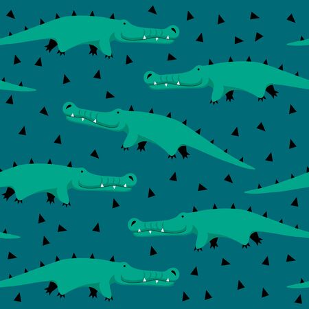 Seamless pattern with cartoon crocodiles and triangles. Dark background.のイラスト素材
