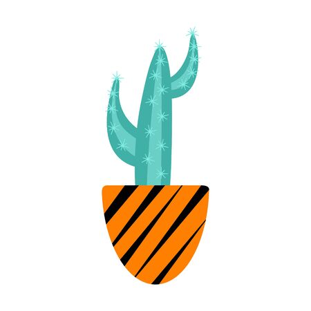 Cute cactus in pot with stripes. Houseplants isolated on white background.のイラスト素材