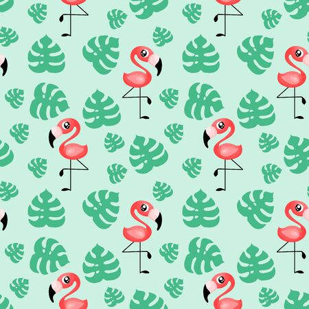Seamless pattern with cute pink flamingo and monstera leaves. Repeated ornament with exotic birds and plants on green background.のイラスト素材