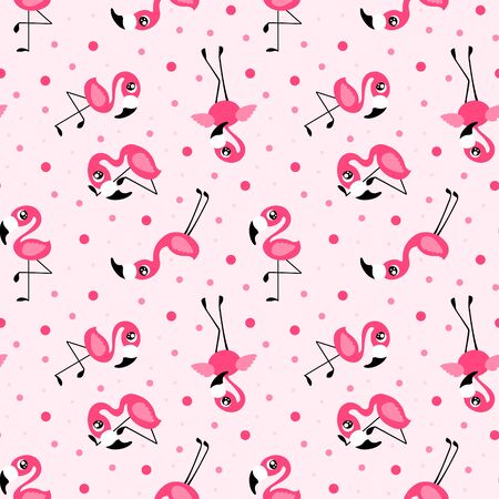 Seamless pattern with pink flamingos in different orientations. Repeated ornament with cute baby birds on pink background.のイラスト素材