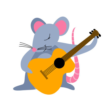 Cute cartoon mouse playing the guitar isolated on white background.のイラスト素材