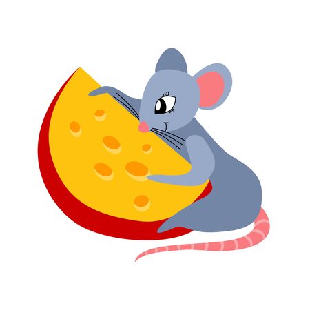 Cute cartoon mouse with cheese isolated on white background.のイラスト素材