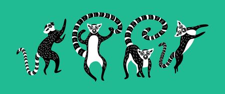 Set of black and white lemurs on green background. Vector illustration.のイラスト素材