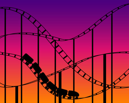 Rollercoaster silhouette on sunset sky background. Attractions vector illustration.