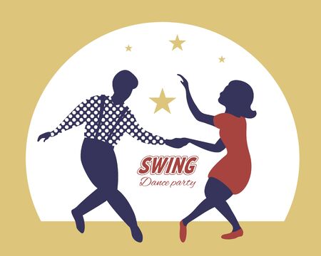 Swing dance party poster. Silhouettes of guy and girl dancing swing. 1940s and 1950s style on gold background. Flat vector illustration.のイラスト素材