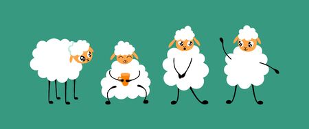 Set of cute cartoon sheep isolated on green background. Flat vector illustration.のイラスト素材