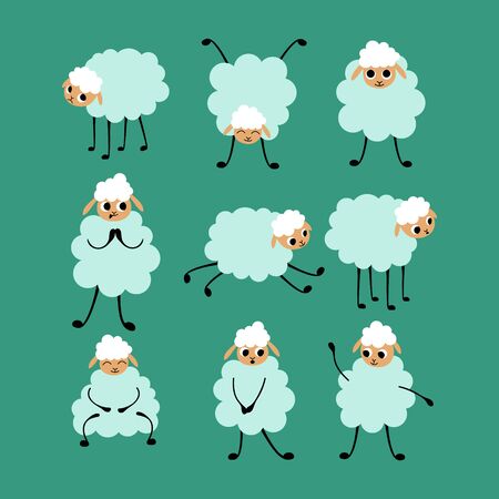Big set of cartoon sheep in different poses and situations. Cute animals isolated on green background. Flat vector illustration.のイラスト素材