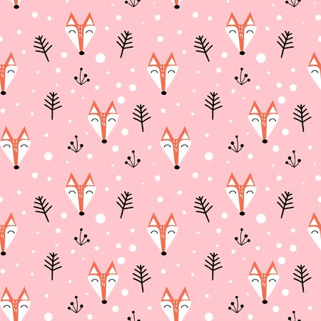 Seamless pattern with cute fox faces on pink background. Flat vector illustartion.のイラスト素材