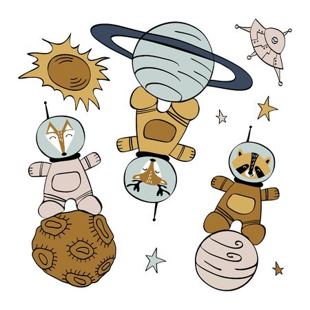 Set with cute animals in space. Fox, raccoon and deer in spacesuits standing on planets isolated on white background. Vector illustration.のイラスト素材