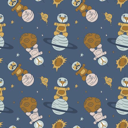Childish seamless pattern with cute animals in space. Fox, raccoon and deer in spacesuits. Vector illustration.のイラスト素材