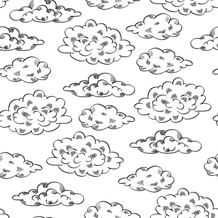 Seamless pattern with sketch clouds. Black hand drawn elements on white background. Vector illustration.のイラスト素材