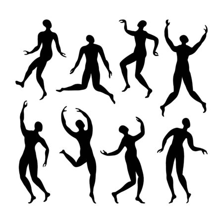 Set of people silhouettes performing in different poses. Black figures on white background. Vector illustartion.のイラスト素材