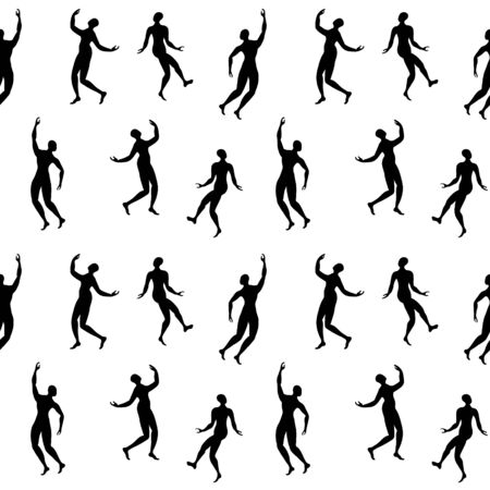 Repeated ornament with dancing people silhouettes. Black figures on white background. Vector illustartion.のイラスト素材