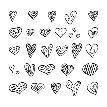 Cute hand drawn heart shapes. Set of doodle outline elements. Vector illustartion.のイラスト素材