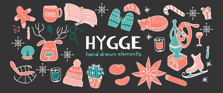 Horisontal banner with hygge hand drawn elements. Outline objects on dark background for cozy design. Vector illustartion.のイラスト素材