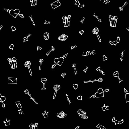 Seamless pattern with doodle Valentine day elements. White outline hand drawn objects on black background. Vector illustration.のイラスト素材