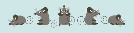 Horizontal poster with cute cartoon mice set. Grey animals on blue background. Flat vector illustration.のイラスト素材