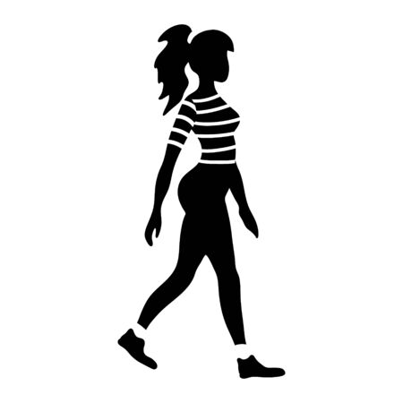 Walking woman silhouette. Slender young lady in striped blouse. Black figure with white details. Flat vector illustration.のイラスト素材