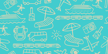Seamless pattern with hand drawn travel icons. White outline objects isolated on light blue...