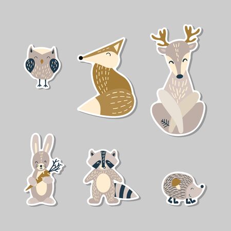 Set of cute cartoon woodland animals in scandinavian style on stickers. Flat vector illustartion.のイラスト素材