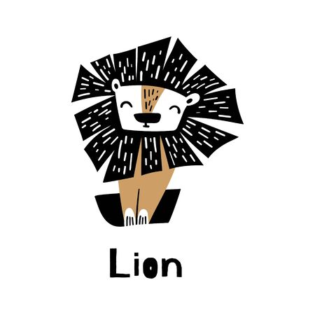 Cute cartoon lion in simple scandinavian style. Wild african animal. Flat vector illustration.のイラスト素材