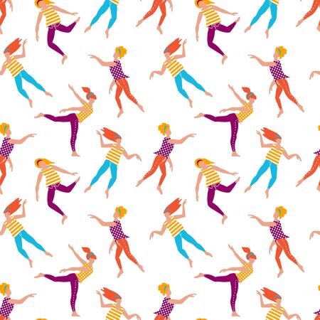 Seamless pattern with young women dancing in free spontaneous way. Simple colored figures on white background. Flat vector illustration.のイラスト素材