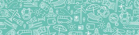 Horizontal seamless border with hand drawn travel doodles. Vacation background. Vector illustration.のイラスト素材