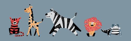Cute cartoon african animals set. Hand drawn characters collection. Flat vector illustration.のイラスト素材