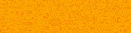 Seamless horizontal pattern with summer travel hand drawn icons on orange background. Vector illustration.のイラスト素材